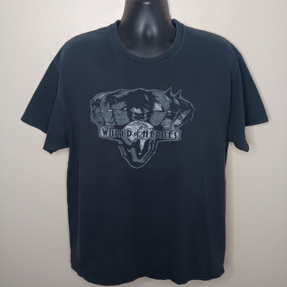Vintage Y2K 2000s World Of Heros Adult XL T-shirt Marvel DC Comics Black Hanes
